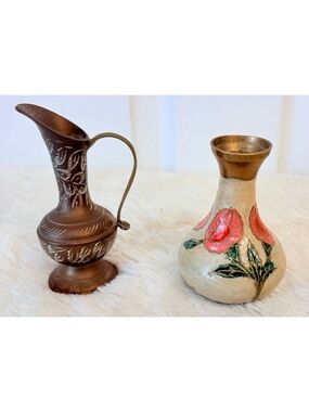 (2) Vintage Miniature 4” Etched Brass/Cloissone Boho Vases India